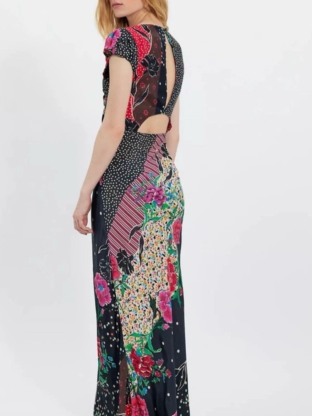 Free People Echo Chamber Patchwork Floral Midi Dress Back Cutout Size XS